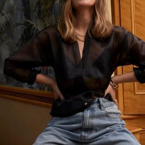 NWT Nasty Gal | Black Organza Sheer Plunge Long Sleeve Top